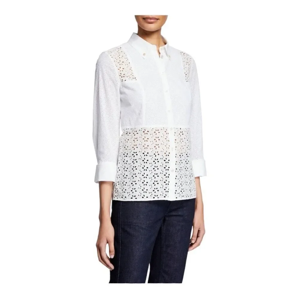 Tory Burch Ivory Eyelet Patchwork Button Down 3/4 Sleeve Shirt